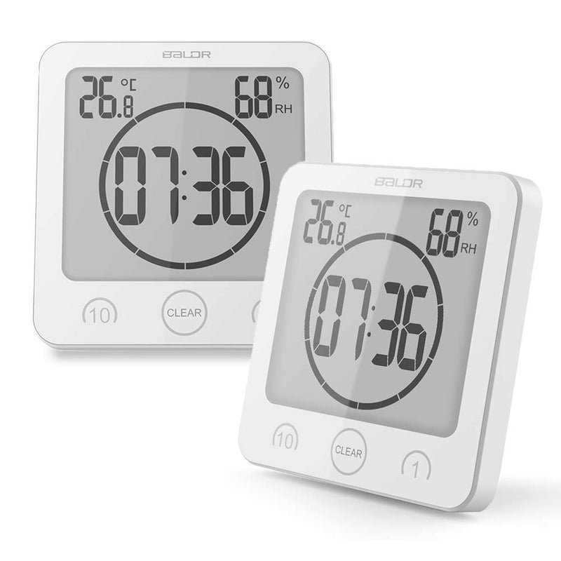 BALDR Digital Bathroom Clocks  2 Pack WaterResistant Shower Clock with Timer  Large LCD Display Digital Clock for Shower with Timer Temperature and Humidity Wall Clock for Bathroom White