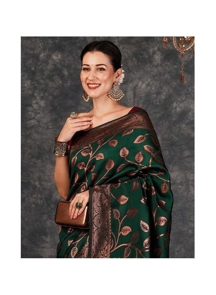 مملكة الإكسسوارات ساري كانجيفارام الناعم من قماش جاكار باناراسي النسائي مع قطعة بلوزة غير مخيطة - Image 3