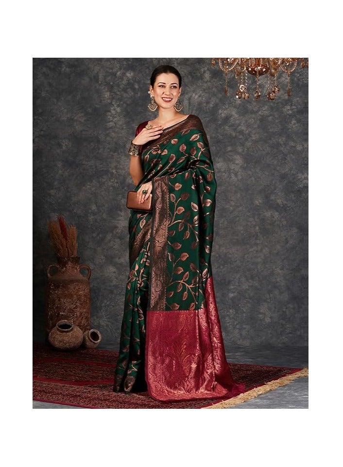 مملكة الإكسسوارات ساري كانجيفارام الناعم من قماش جاكار باناراسي النسائي مع قطعة بلوزة غير مخيطة - Image 5