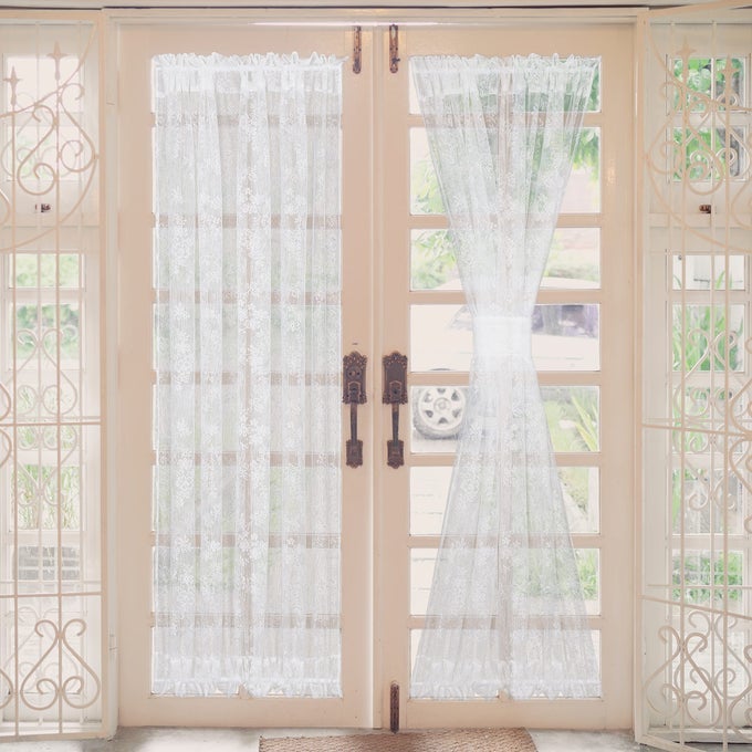 ROSE FLOWER FRENCH DOOR CURTAIN LACE VOILE PATIO SLIDING GLASS DOOR TREATMENT CURTAINS WITH BONUS TIEBACKS 54 W BY 72 L SET OF 2