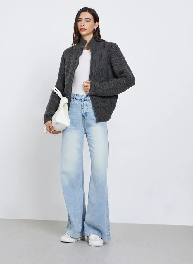 Styli Styli Olive Chunky Cable Knit Zip-Up Sweater