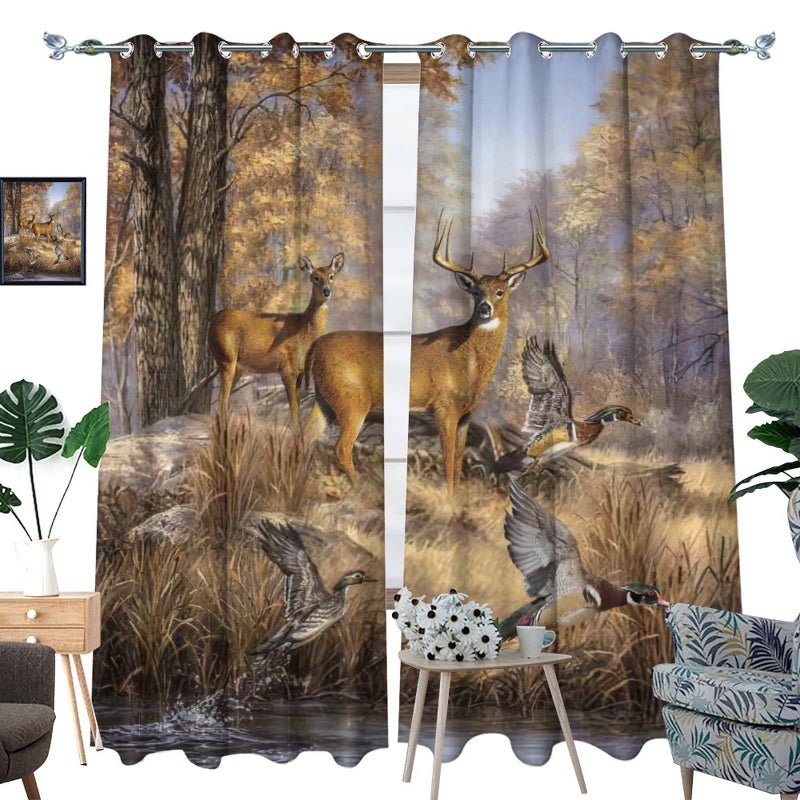 Kazynee Rustic Cabin Deer Ultra Soft Premier Blackout Curtains,Vintage Country Farmhouse Fall Forest Wildlife Pheasants Print Thermal Insulated Bedroom Noise Reducing Grommet Top,2 Panels 63L x 21W - Image 3