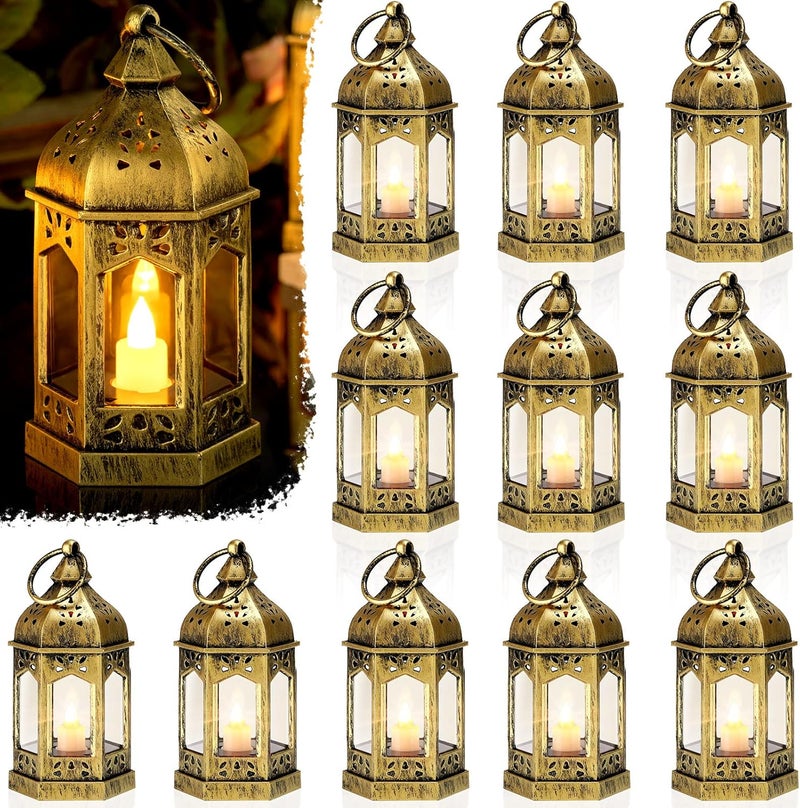 كونهيل 12 قطعة فوانيس صغيرة مع شمعة LED وامضة، تشمل البطاريات، فانوس شمعة معلق زخرفي للاستخدام الداخلي، حفل زفاف، حفلة، مركز طاولة (ذهبي،) - Image 1