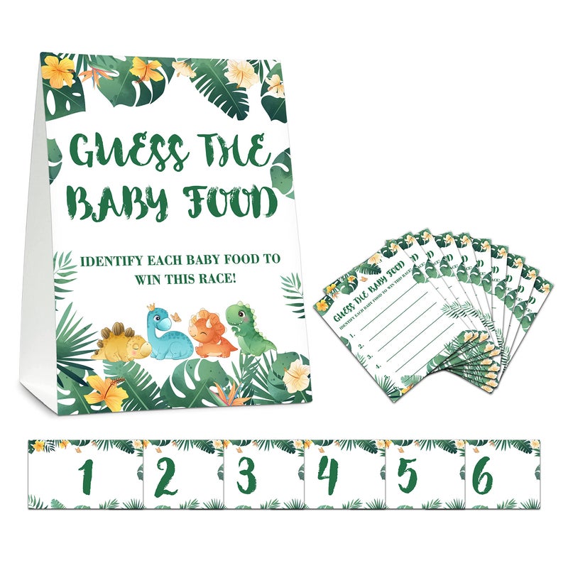 DETIHO Dinosaur Baby Shower Party Game Cards  Guess The Baby Food  5 x 7 SelfStanding Sign With 25 FillIn Answer  6 Number Cards 21 x 35  a03