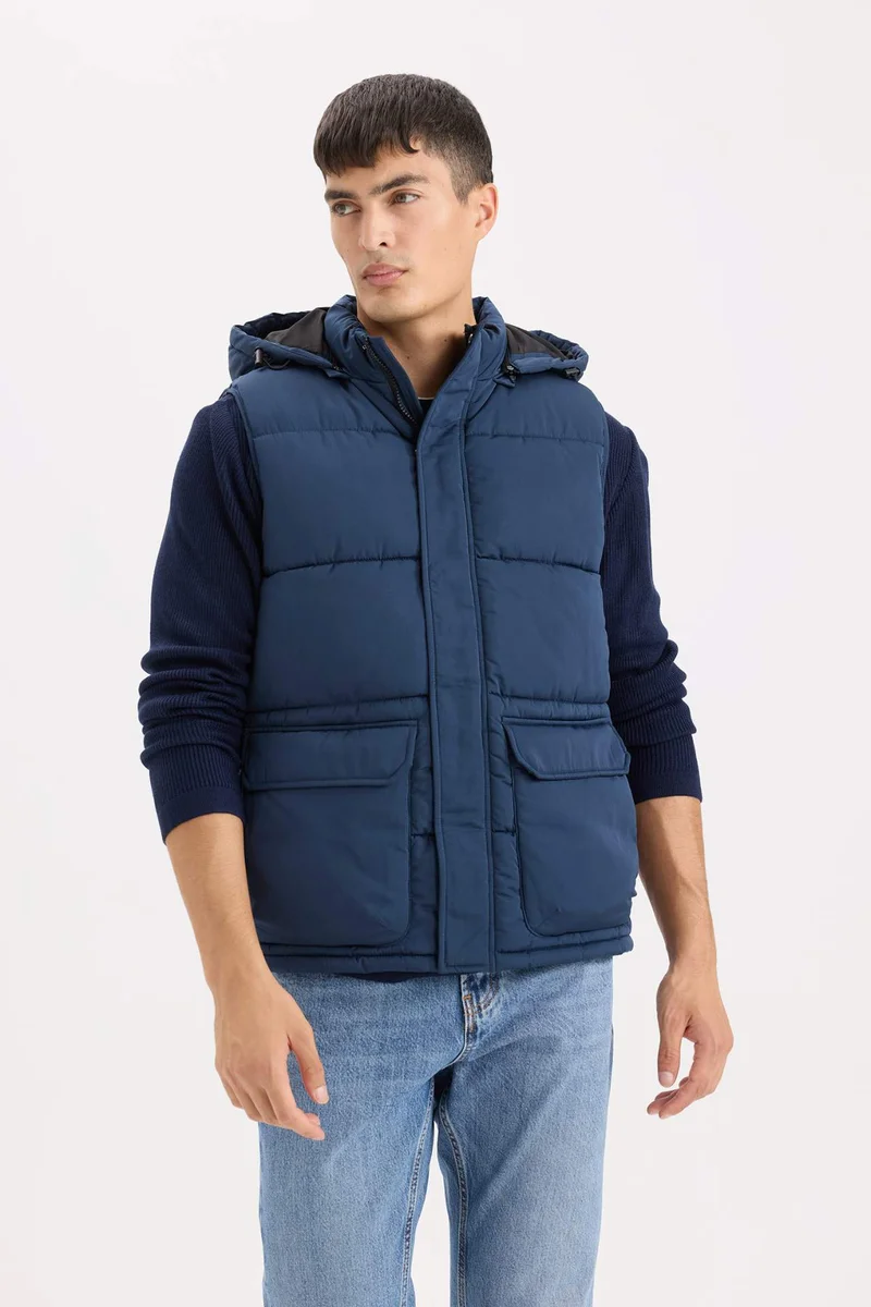 Regular Fit Hooded Zippered Pocket Puffer Vest