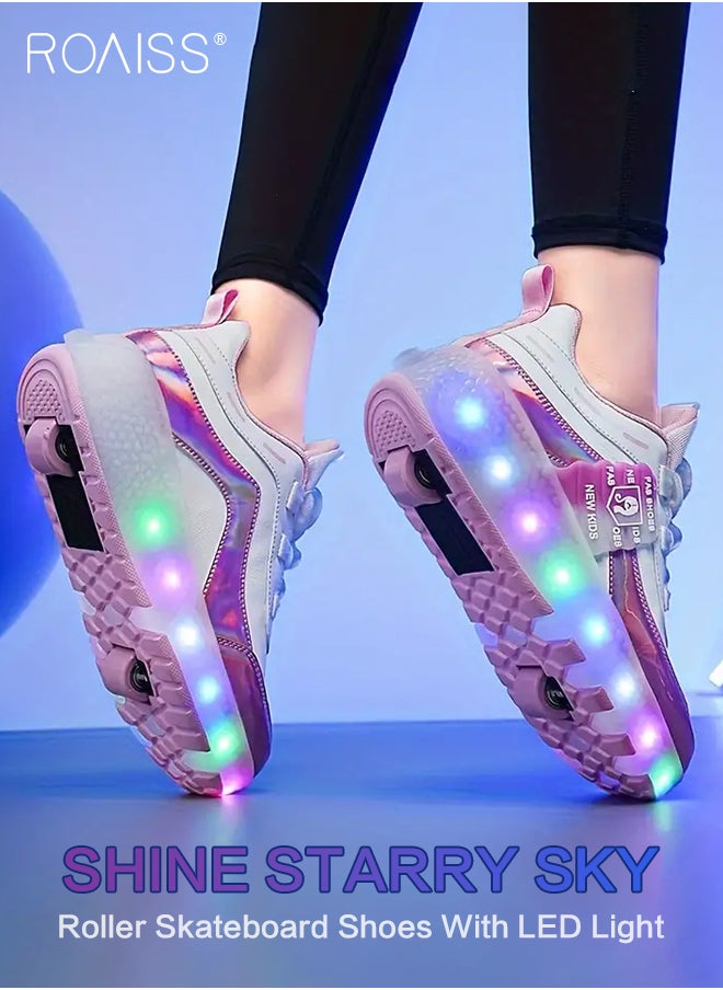 roaiss Kids Unisex Double Wheel Roller Skates Shoes LED Light Multimode Adjustable Rechargeable Sneakers for Children Boys and Girls Outdoors Luminous Shoes with Multifunction Detachable Roll Wheels Leisure Sports  - Image 2
