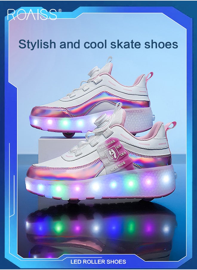roaiss Kids Unisex Double Wheel Roller Skates Shoes LED Light Multimode Adjustable Rechargeable Sneakers for Children Boys and Girls Outdoors Luminous Shoes with Multifunction Detachable Roll Wheels Leisure Sports  - Image 3