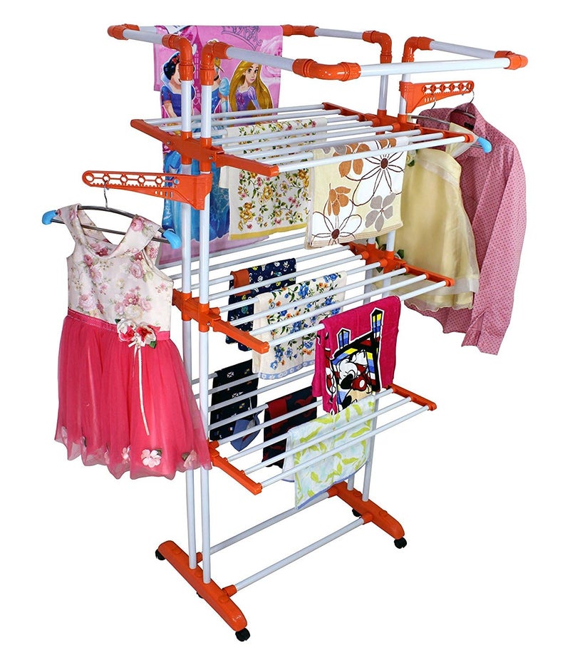 CIPLA PLAST King Jumbo Cloth Dryer Stand Drying Rack 3 poll Support 4 Layer Rack with Wheel System (Orange) - Image 1