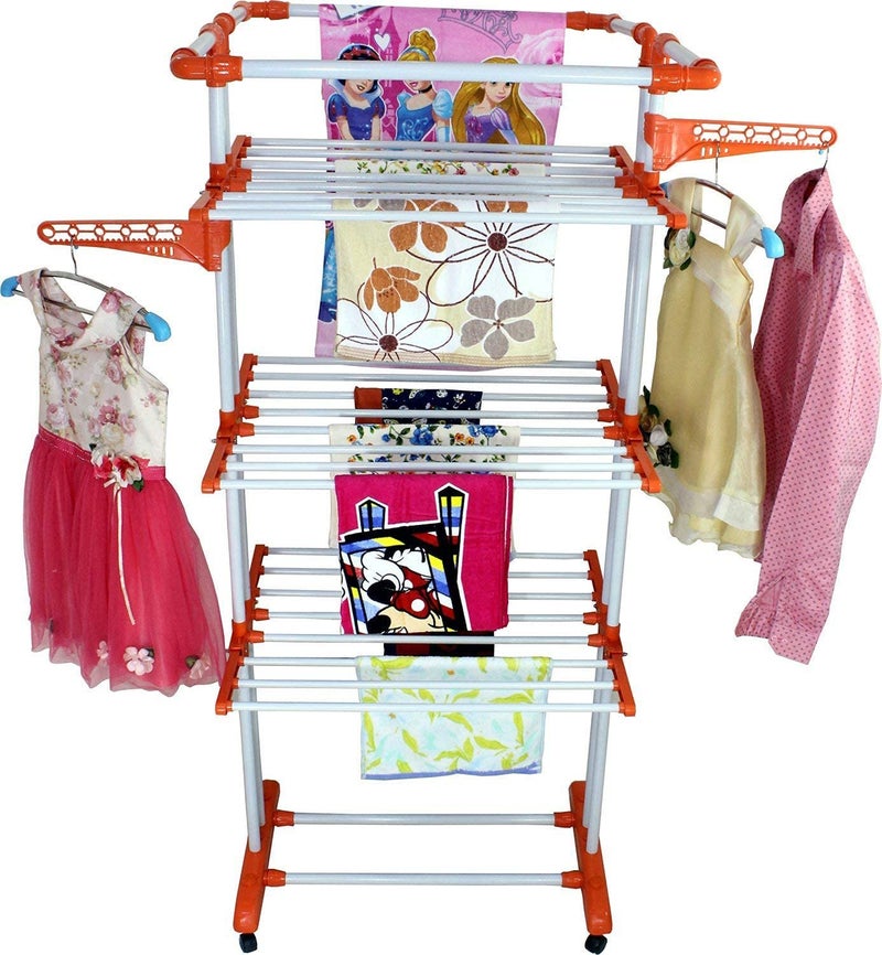 CIPLA PLAST King Jumbo Cloth Dryer Stand Drying Rack 3 poll Support 4 Layer Rack with Wheel System (Orange) - Image 2
