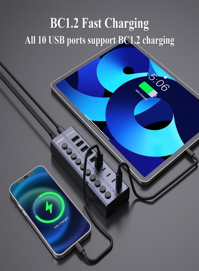 FIDECO 60W Powered USB Hub for Laptop and PC, 10-Port 10Gbps USB Splitter with 12V 5A Power Adapter, Aluminum USB 3.2 Gen 2 Multiport Adapter, 6 USB-A Ports and 4 USB-C Ports, Support BC1.2 Charging - Image 4