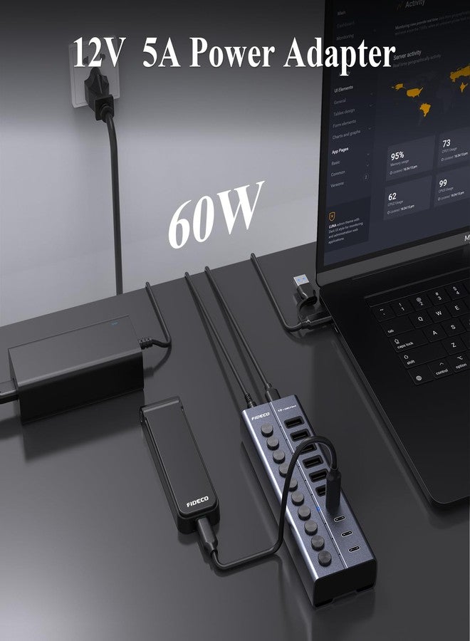 FIDECO 60W Powered USB Hub for Laptop and PC, 10-Port 10Gbps USB Splitter with 12V 5A Power Adapter, Aluminum USB 3.2 Gen 2 Multiport Adapter, 6 USB-A Ports and 4 USB-C Ports, Support BC1.2 Charging - Image 3