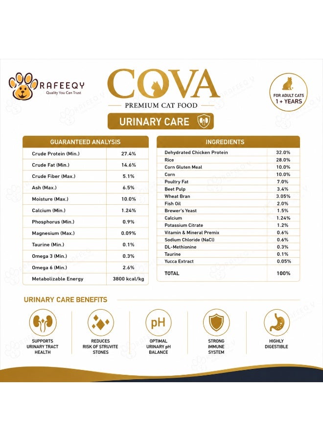 COVA Premium Urinary Care Dry Cat Food for Adult Cats, Chicken Flavor, Complete & Balanced Nutrition, 1 kg - Image 3