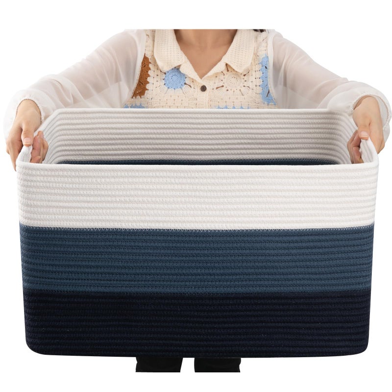 OIAHOMY Large Blanket Basket, 22â€x17â€x12â€ Rectangle Woven Baskets, Nursery Blanket Storage Living Room, Toy Storage With Handle, Large Baskets for Organizing-Gradient Blue - Image 1