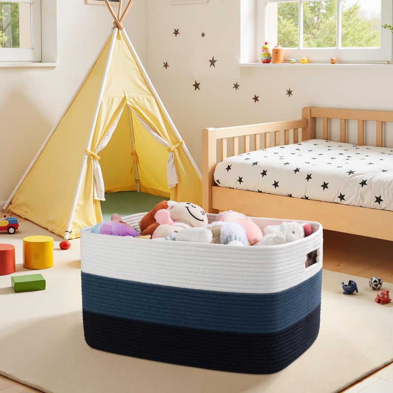 OIAHOMY Large Blanket Basket, 22â€x17â€x12â€ Rectangle Woven Baskets, Nursery Blanket Storage Living Room, Toy Storage With Handle, Large Baskets for Organizing-Gradient Blue - Image 2