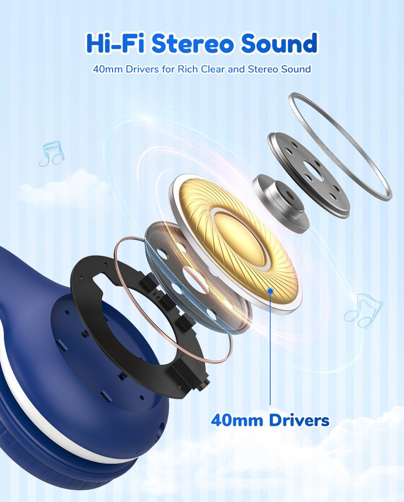 EarFun سماعات أذن EarFun K2 للأطفال بتقنية البلوتوث، سماعات للأطفال مع تحديد مستوى الصوت، 40 ساعة وقت تشغيل، ميكروفون مدمج، صوت ستيريو، سماعة قابلة للطي فوق الأذن للمدرسة/السفر/آيباد/تابلت، أزرق - Image 5