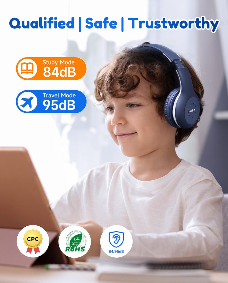 EarFun سماعات أذن EarFun K2 للأطفال بتقنية البلوتوث، سماعات للأطفال مع تحديد مستوى الصوت، 40 ساعة وقت تشغيل، ميكروفون مدمج، صوت ستيريو، سماعة قابلة للطي فوق الأذن للمدرسة/السفر/آيباد/تابلت، أزرق - Image 4