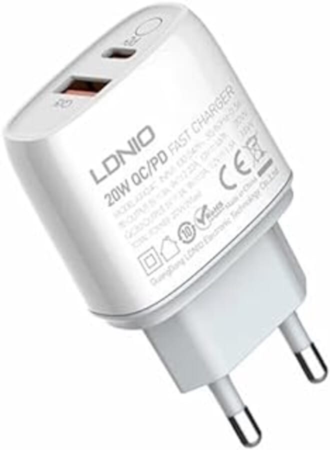 LDNIO LDNIO A2424C Fast Charger 20W With 2 Ports PD+QC3.0 , Switch button , Smart chip , With Lightning Cable - White 