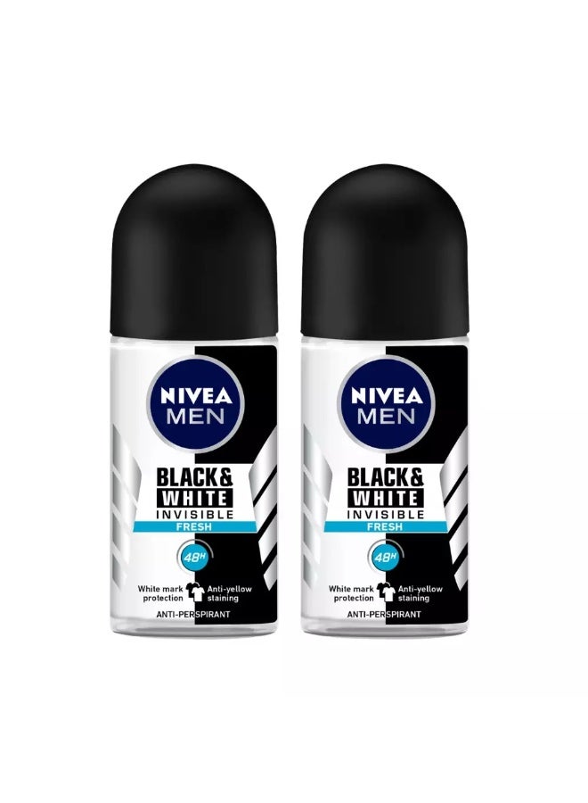 Nivea Men Black and White Invisible Fresh Roll On Antiperspirant for Men- 2X50ml