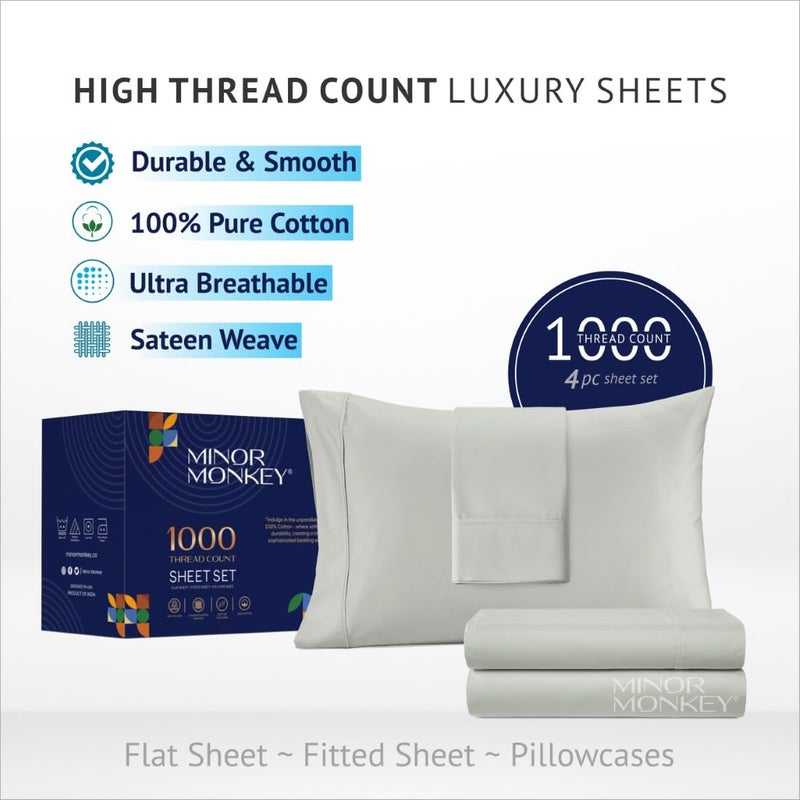 Minor Monkey 100% Egyptian Cotton Sheets Queen Size 1000 Thread Count 4 PC Light Grey Cotton Sheets for Queen Bed Soft Cooling Extra Long Staple Luxury Hotel Sheets Fits Upto 16  Deep Pocket - Image 3