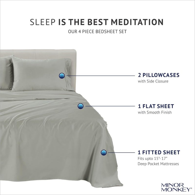 Minor Monkey 100% Egyptian Cotton Sheets Queen Size 1000 Thread Count 4 PC Light Grey Cotton Sheets for Queen Bed Soft Cooling Extra Long Staple Luxury Hotel Sheets Fits Upto 16  Deep Pocket - Image 4