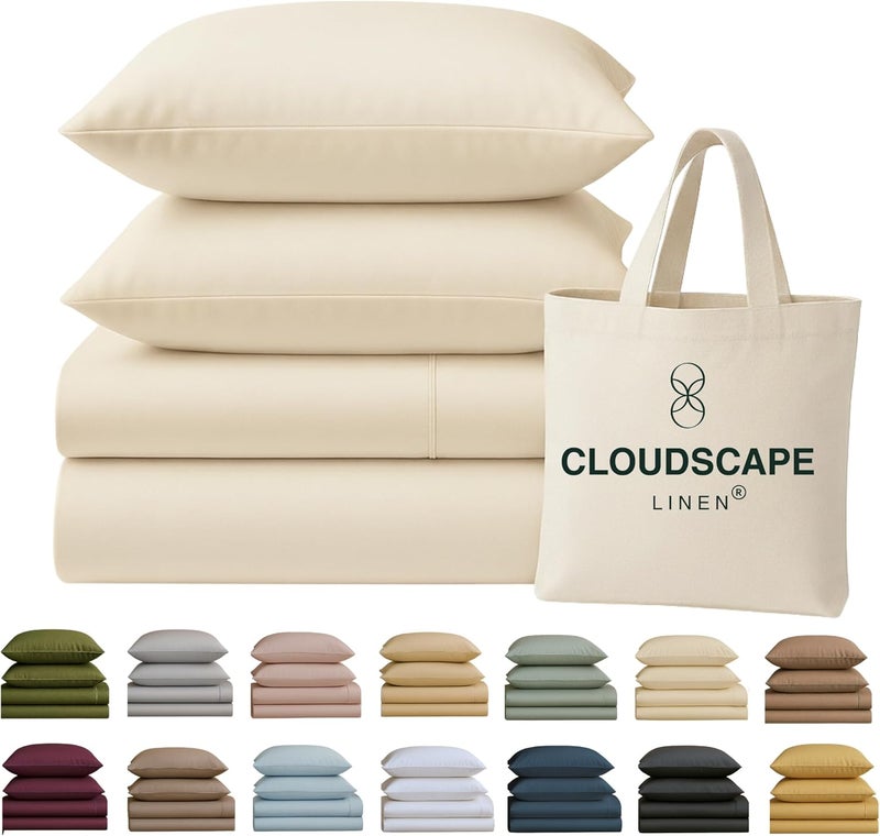 كلاود سكيب لينين مجموعة شراشف Cloud Scape Linen مقاس كينج عدد الخيوط 400 - من القطن المصري 100%، مجموعة شراشف سرير قطنية ناعمة ومتينة ومسامية، جيب عميق يصل إلى 16 بوصة، عاجي - Image 1