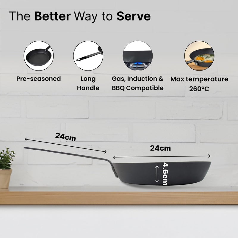 The Better Home Carbon Steel Pre-Seasoned Frying Pan | Non-Stick Gas & Induction Cookware | Omelette & Fish Fry Pan | Black, 24cm - Image 4
