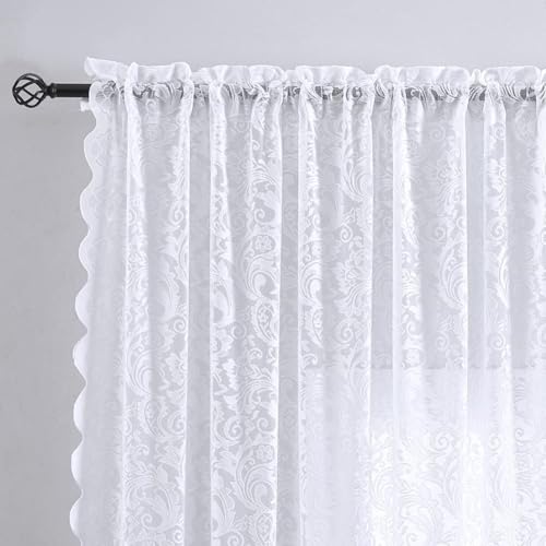ALIGOGO White Short Lace Curtains 54 Inch Length for Small Window Vintage Floral Sheer Lace Curtains for Nursery Bedroom Embroidered Privacy Rod Pocket Light 2 Panles 52 x 54 Inch White - Image 3