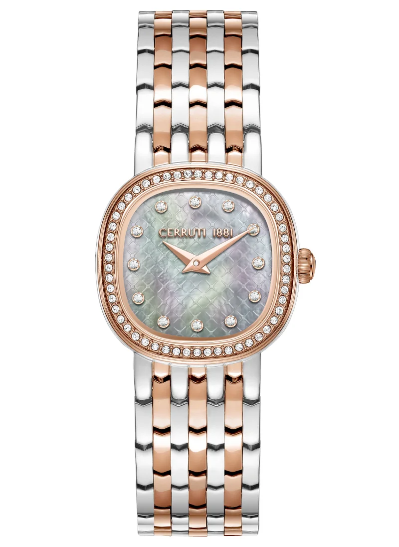 CERRUTI 1881 Cerruti 1881 Gresta Analog Women's Watch - White Mother of Pearl Dial, Two Tone Bracelet, Rose Gold Crystal Studded Topring