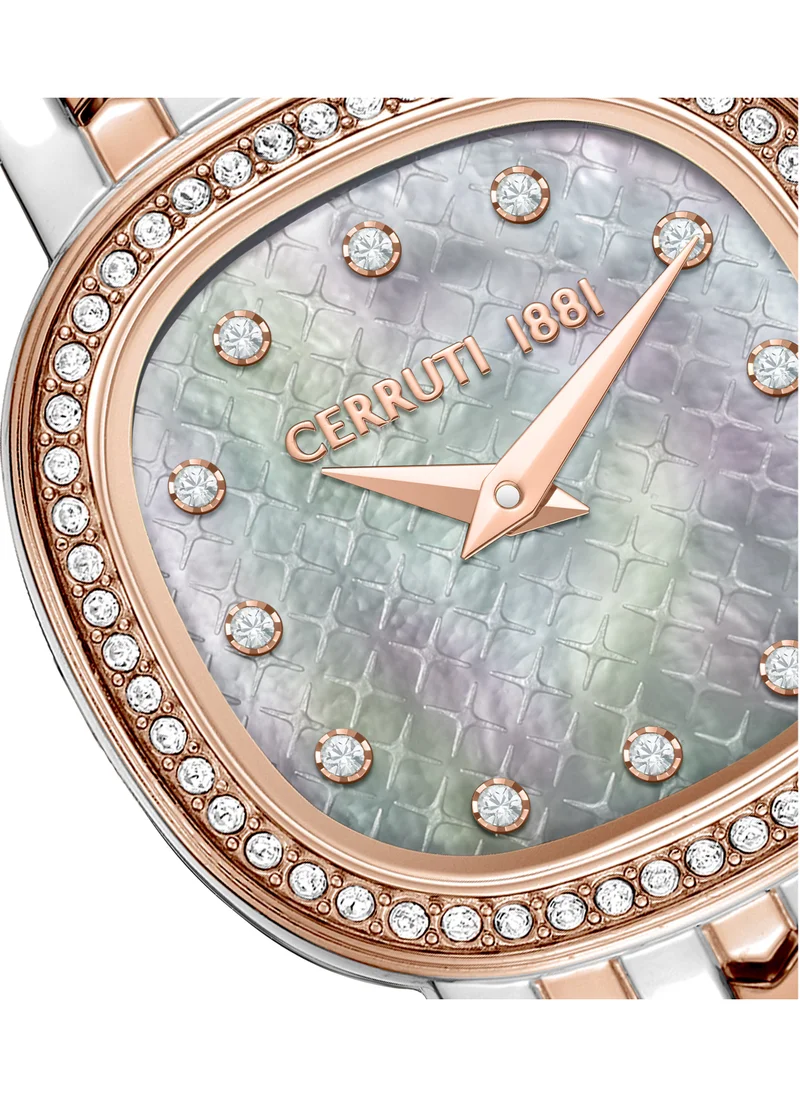 CERRUTI 1881 Cerruti 1881 Gresta Analog Women's Watch - White Mother of Pearl Dial, Two Tone Bracelet, Rose Gold Crystal Studded Topring