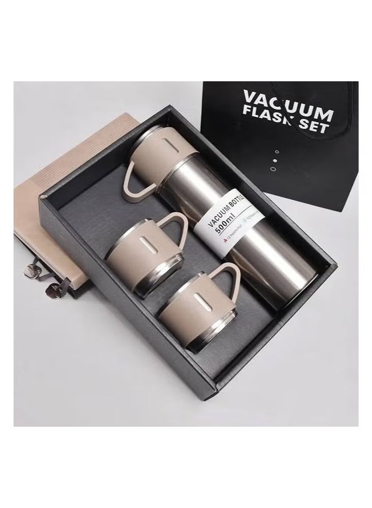 Thermos Bottle Set Double-Layer Stainless Steel Vacuum Flask Travel Water Bottle with 3 Steel Cups - Silver - Image 1