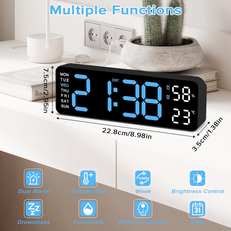 Yakiter 9" LED Digital Alarm Clock with Temperature, Humidity, and Auto-Dimming Features - Image 3