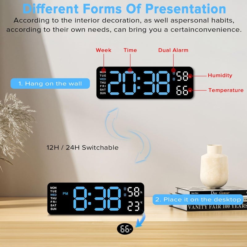 Yakiter 9" LED Digital Alarm Clock with Temperature, Humidity, and Auto-Dimming Features - Image 5
