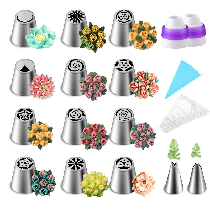 Suuker 27 Pieces Russian Piping Tips Set, Cake Decorating Tips Baking Supplies for Cupcake Cookies Birthday Party (12 Icing Tips 10 Pastry Baking Bags 2 Leaf Piping Tips 2 Couplers 1 Silicone Bag)