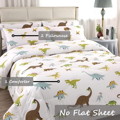 MAG 3Pcs Dinosaur Bedding Comforter Set, Dinosaur White Base Queen Comforter Set,All Season for Toddlers Kids Boys Teens and Girls,Super Soft Microfiber,Queen Size (1 Comforter + 2 Pillowcases) - Image 3