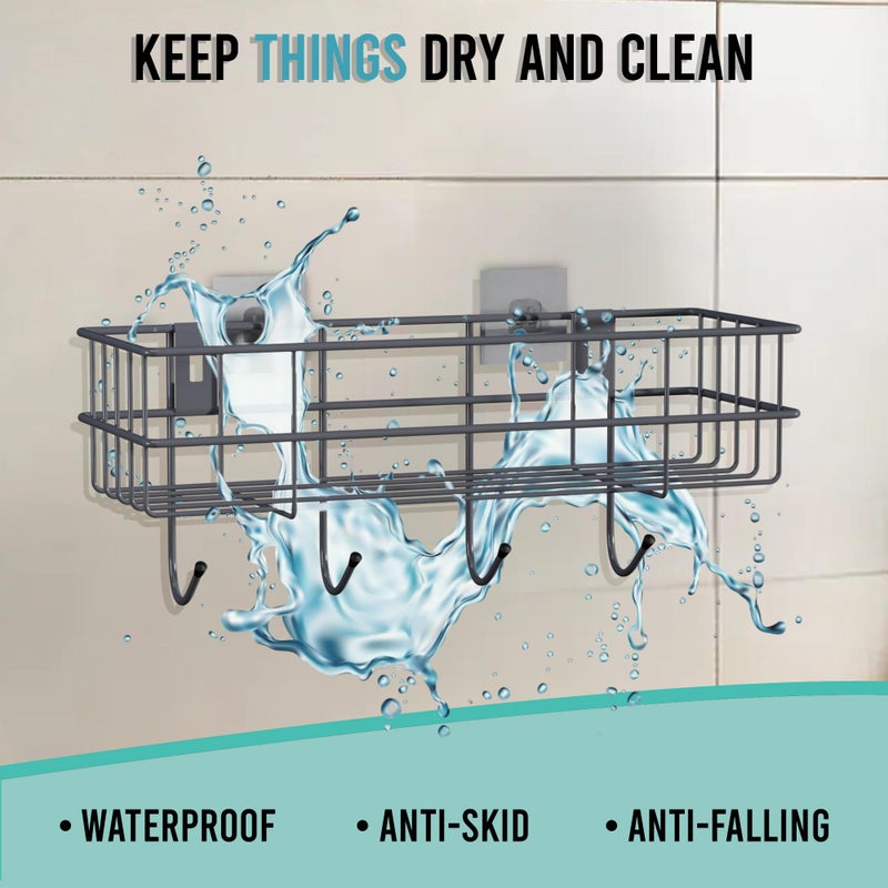 Kuber Industries Metal Self Adhesive Bathroom Organiser with Drill Screws & 4 Hooks | Bathroom Shelf for Wall Adhesive | Bathroom Stand/Rack for Shampoo | Bathroom Accessories Holder | Grey - Image 5