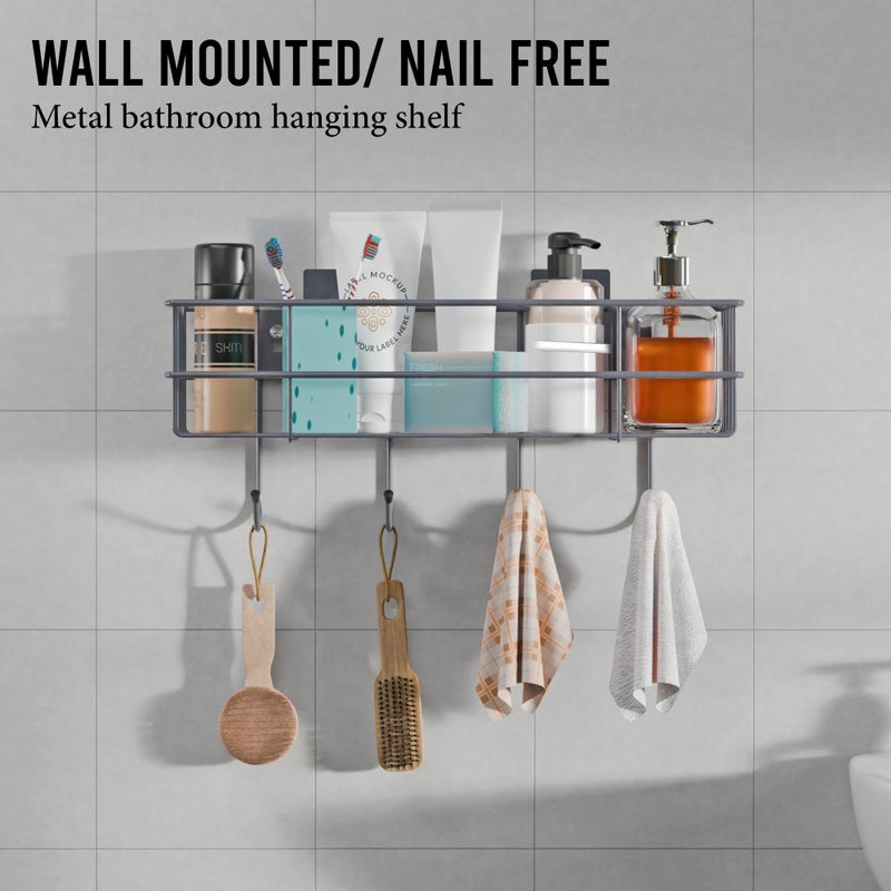 Kuber Industries Metal Self Adhesive Bathroom Organiser with Drill Screws & 4 Hooks | Bathroom Shelf for Wall Adhesive | Bathroom Stand/Rack for Shampoo | Bathroom Accessories Holder | Grey - Image 2