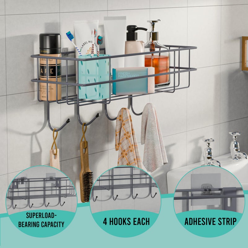 Kuber Industries Metal Self Adhesive Bathroom Organiser with Drill Screws & 4 Hooks | Bathroom Shelf for Wall Adhesive | Bathroom Stand/Rack for Shampoo | Bathroom Accessories Holder | Grey - Image 4