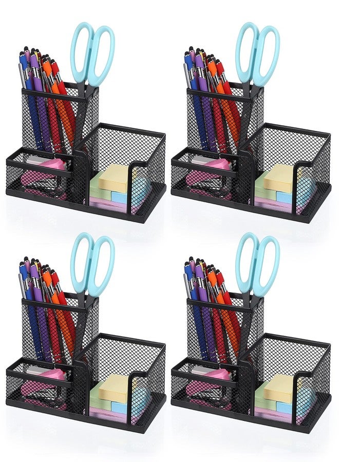 mekueeex Mesh Pen Pencil Holder Note Holders Desk Organizer, 3 Compartment Wire Desktop Pen Pencil Cup Caddy Office Supplies Accessories for Home Office School, Black(4 Pack) - Image 1