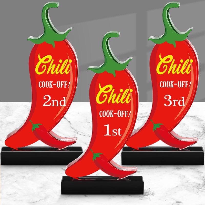 Yousoontic 3 Pcs Chili Cook Off Trophies Acrylic Chili Pepper Trophy Medals 5.91 Inch Chili Cook Off Prizes 1st Place Gold, 2nd Place Silver, 3rd Place Bronze Chili Festival Award Decorations - Image 1