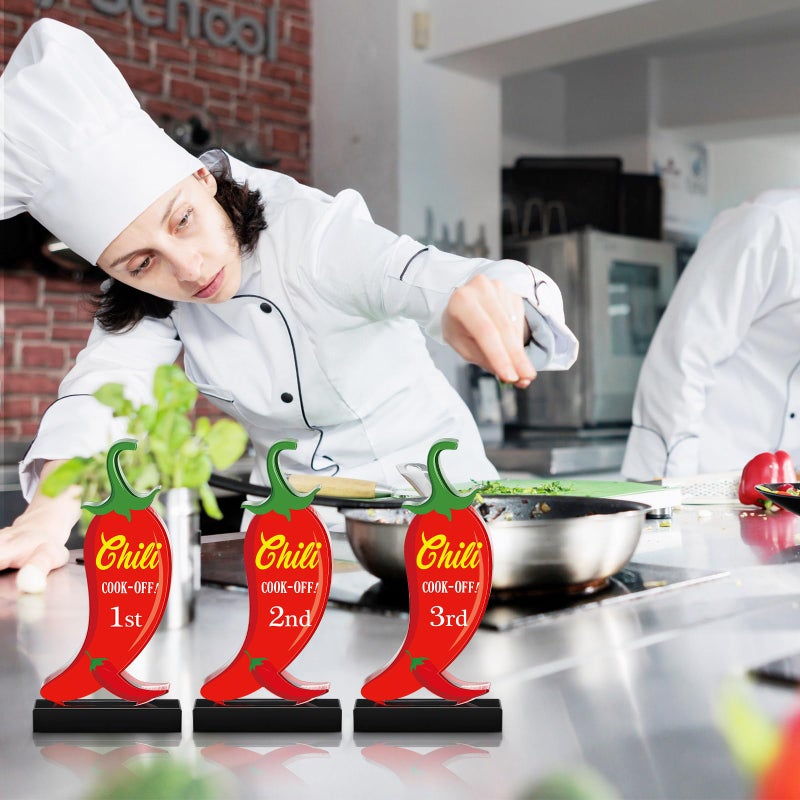 Yousoontic 3 Pcs Chili Cook Off Trophies Acrylic Chili Pepper Trophy Medals 5.91 Inch Chili Cook Off Prizes 1st Place Gold, 2nd Place Silver, 3rd Place Bronze Chili Festival Award Decorations - Image 4