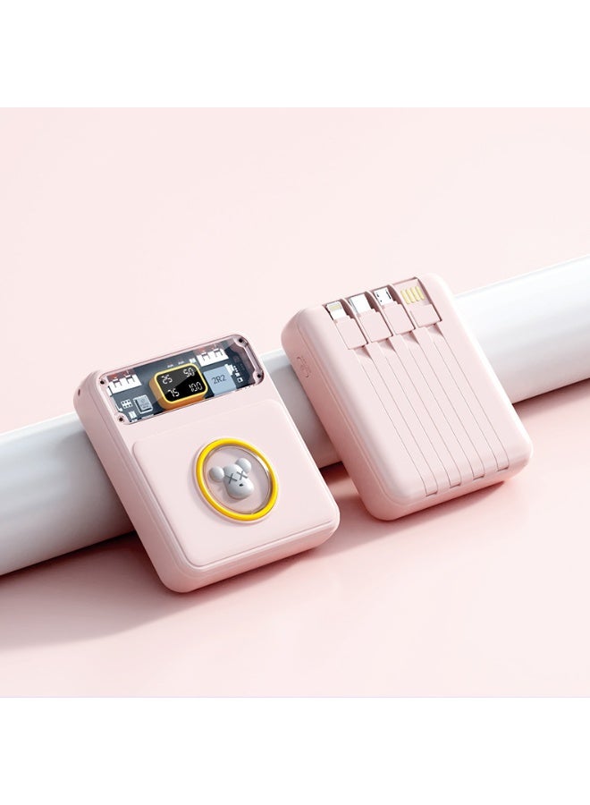 Cute Cartoon High-Capacity Power Bank with Built-in Charging Cable, 10000mAh Portable Mobile Charger