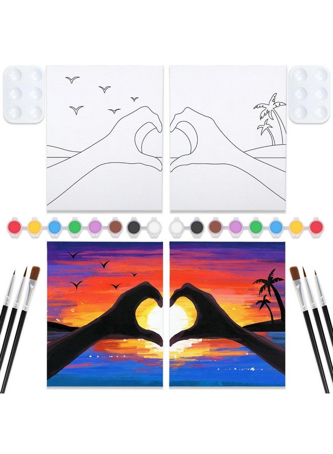 VOCHIC Sip and Paint Kit, Pre Drawn Canvas Couples Painting Party Kit, Paint Art Set with Outline Canvas for Adults Date Night Game Couple Sunset Heart, Valentine's Day, 2 Pack (12 x 16 Inches) - Image 1