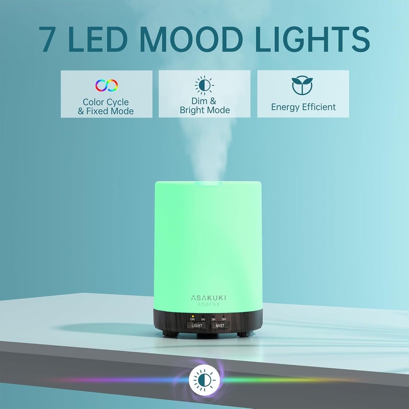 أساكوكي ناشر الزيوت العطرية سعة 300 مل، مرطب فاخر هادئ 5 في 1، ناشر عطر للمنزل مع 7 ألوان LED متغيرة ومفتاح إيقاف تلقائي - بني غامق - Image 3