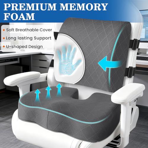 TushGuard Back&Seat Cushion, Car Seat Office Chair Cushions, Memory Foam Lumbar Back Support Pillow, Portable Airplane Seat Cushion for Travel, Computer Desk, Wheelchair, Driving (Grey, X-Large) - Image 3