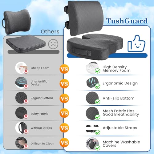 TushGuard Back&Seat Cushion, Car Seat Office Chair Cushions, Memory Foam Lumbar Back Support Pillow, Portable Airplane Seat Cushion for Travel, Computer Desk, Wheelchair, Driving (Grey, X-Large) - Image 4