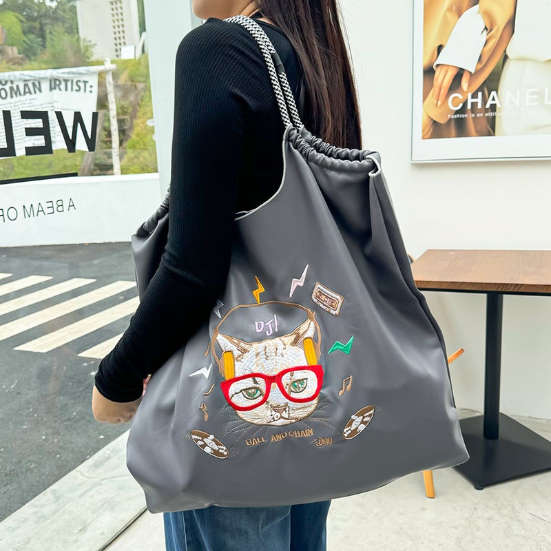 New Japanese-Style Leather Ball Chain Embroidered Shopping Bag For Women, Niche Large-Capacity Shoulder Bag, Handbag, Tote - Image 4