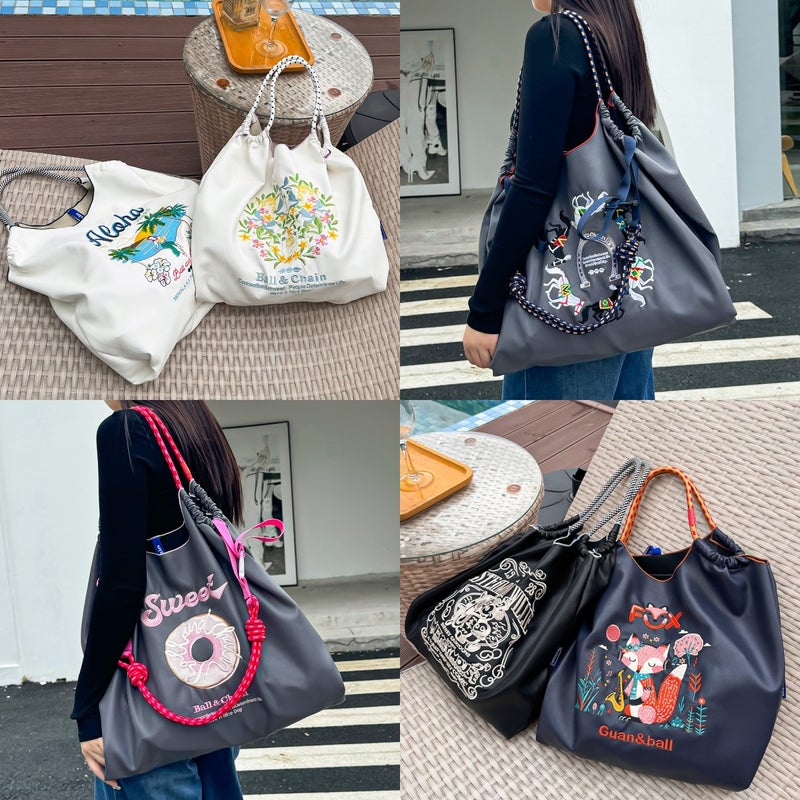 New Japanese-Style Leather Ball Chain Embroidered Shopping Bag For Women, Niche Large-Capacity Shoulder Bag, Handbag, Tote - Image 2