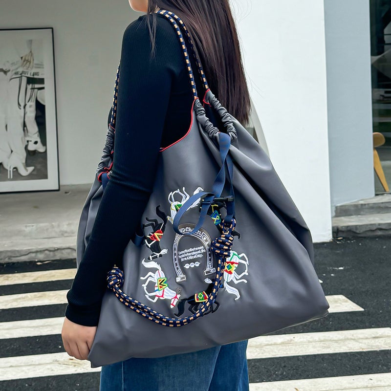 New Japanese-Style Leather Ball Chain Embroidered Shopping Bag For Women, Niche Large-Capacity Shoulder Bag, Handbag, Tote - Image 5