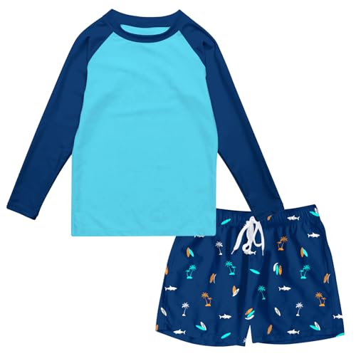 SunFocus 4T Swimsuit Boy Long Sleeve Rashguard Toddler Swimsuit Size 5 Swim Suit 2 Piece Navy Blue Bathing Suit with Short - Image 1