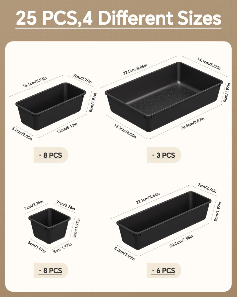 KEMETHY 25 PCS Plastic Drawer Organizers Set, 4 Sizes Vanity Organizer, Makeup and Desk Drawer Organizer Trays, Organization and Storage for Makeup, Bathroom, Kitchen Utensils and Office (Black) - Image 2